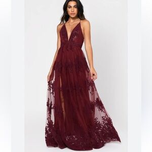 Burgundy lace, floral maxi dress